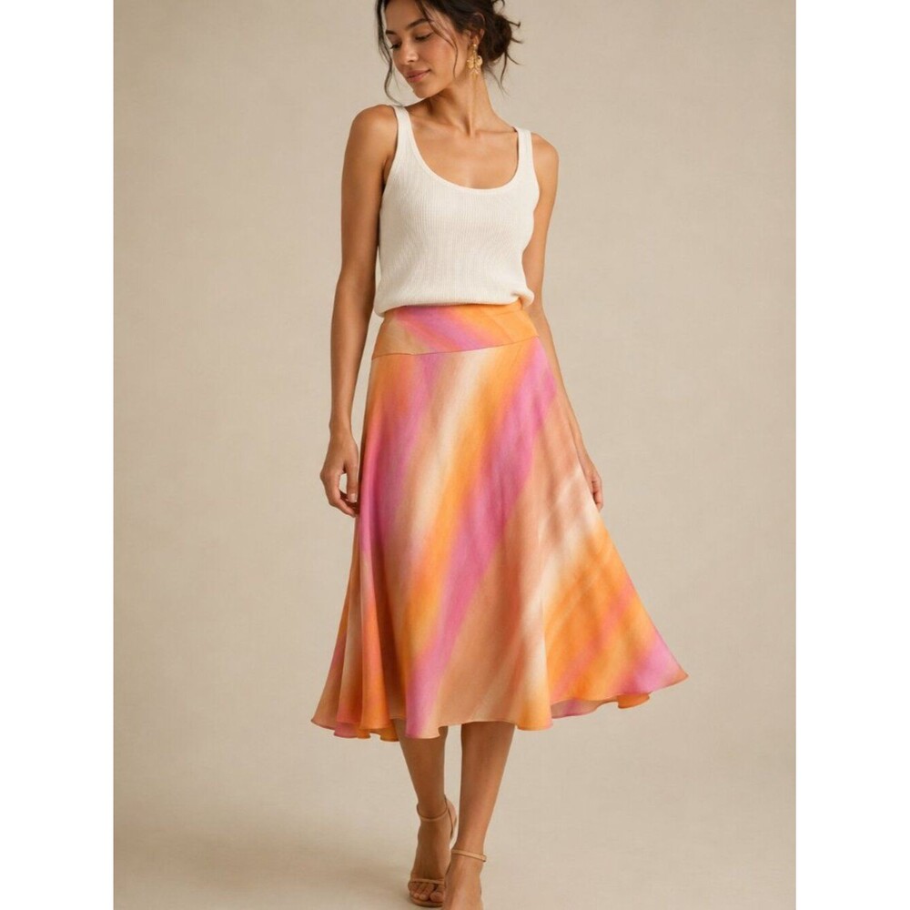 Banana Republic Linen Cotton Blend Skirt Women 8 Watercolor Stripe Midi